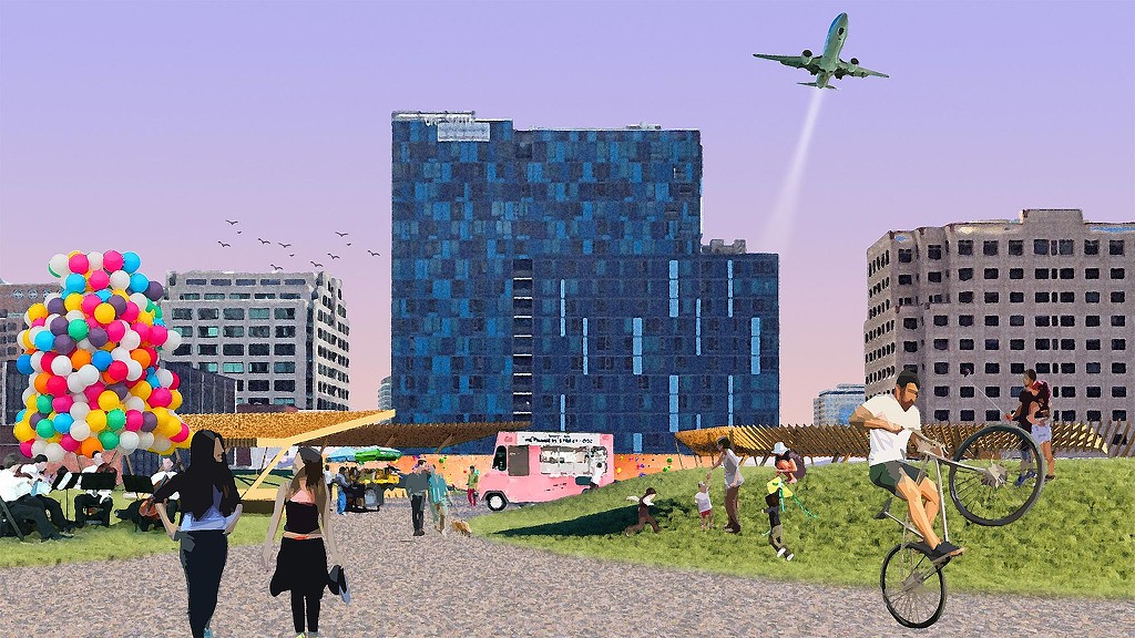 A group of people at a park with a plane flying in the sky.